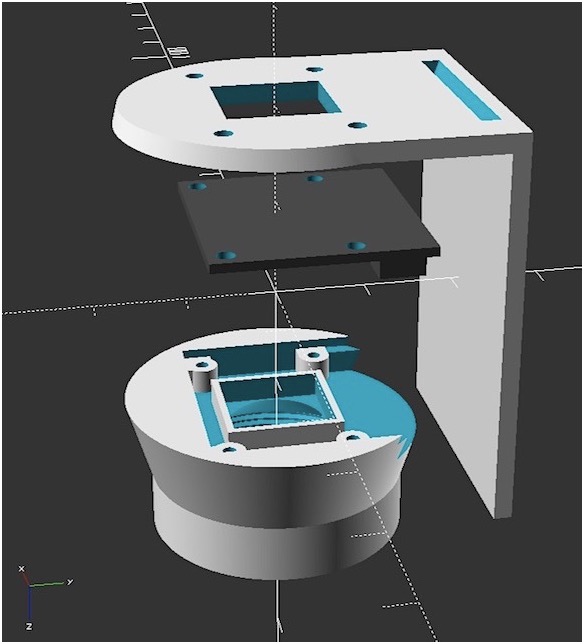 Vue éclatée dans OpenSCAD des pièces du support adaptateur de caméra pour objectif CS.